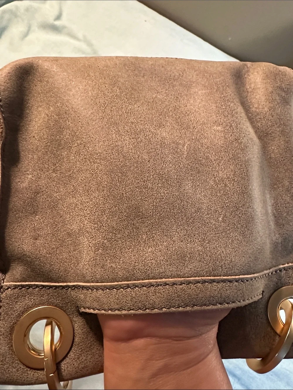 Hammitt Taupe Suede Crossbody with Gold Studs